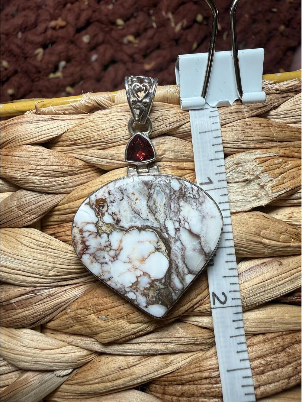 Natural Stone (White Buffalo style) and Garnet Silver Pendant Necklace